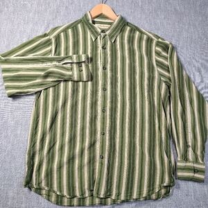 Tommy Bahama Shirt Size Large Green Striped Silk Long‎ Sleeve Button Down